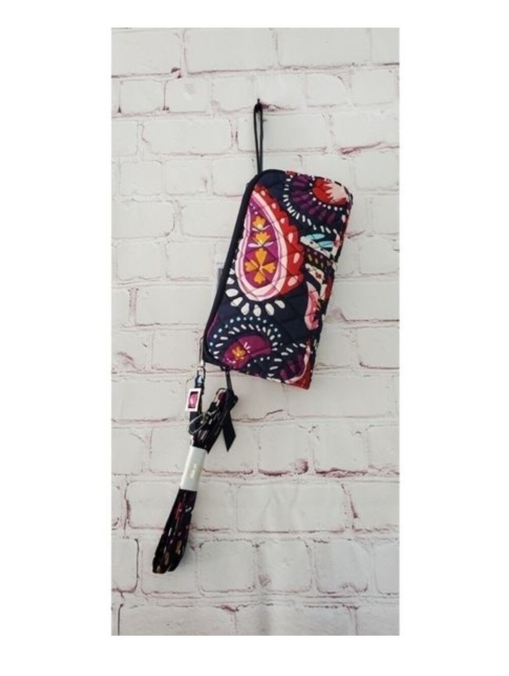 Vera Bradley Navy Wristlet with Pink, Coral & Yellow Floral Paisley